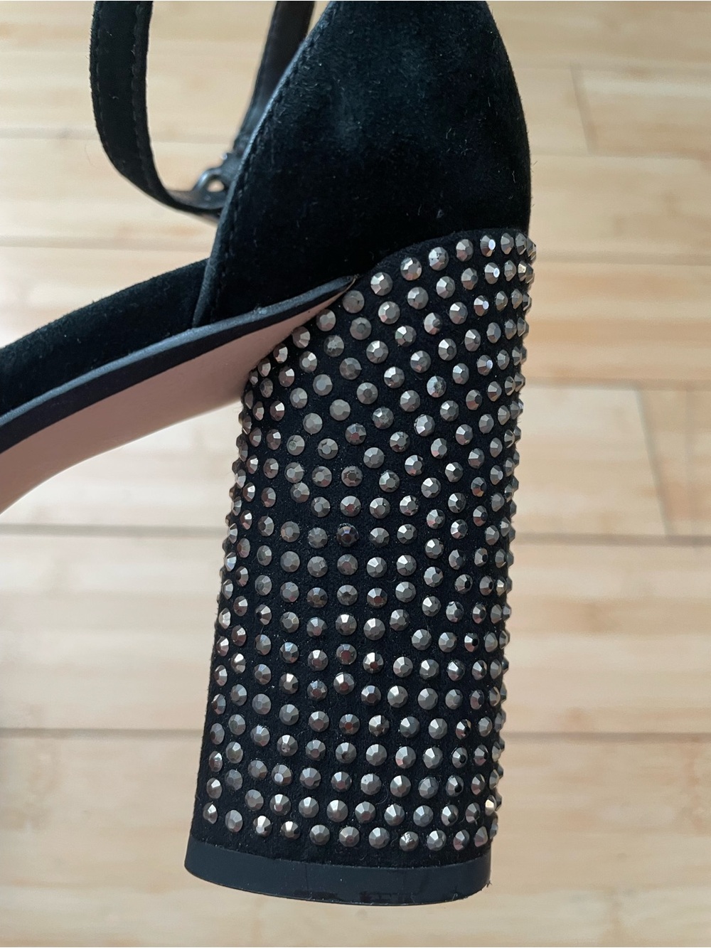 Gianni Bini Black Suede Ankle-Strap Block Heel Sandals with Studded Heel - Picture 7 of 7